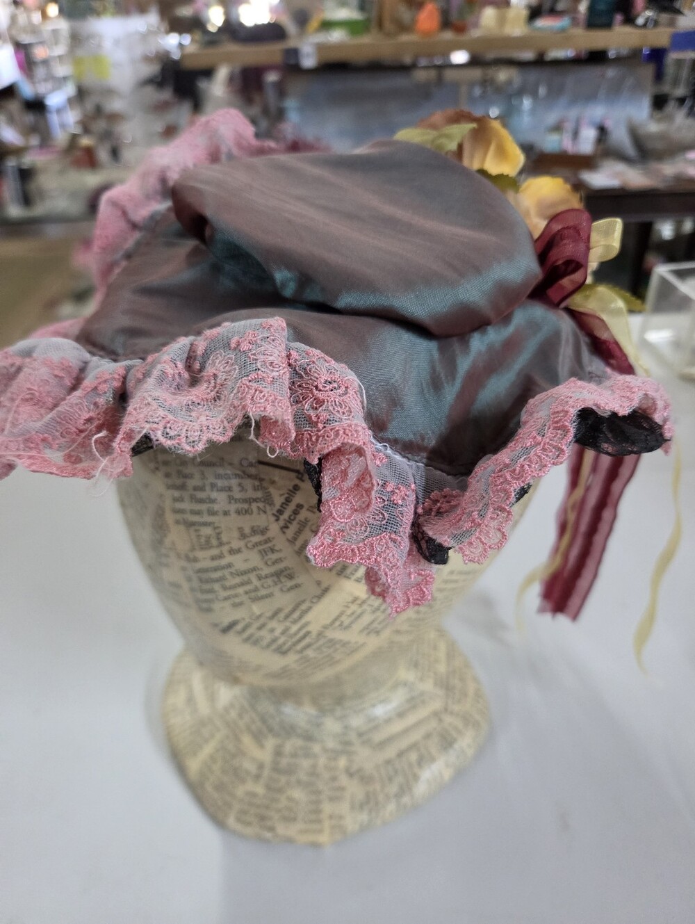 Victorian Edwardian Bonnet Hat Iridescent Lace Flowers Costume Cottagecore